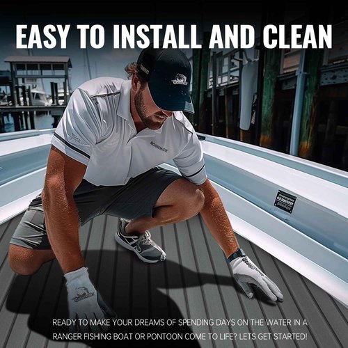 BOSSDECK Boat Flooring - EVA Foam Boat Decking - Self-Adhesive Boat Mat Faux Teak Marine Carpet for Boats RV Yacht Kayak 86.6"x21.7", Dark Grey with Black Lines