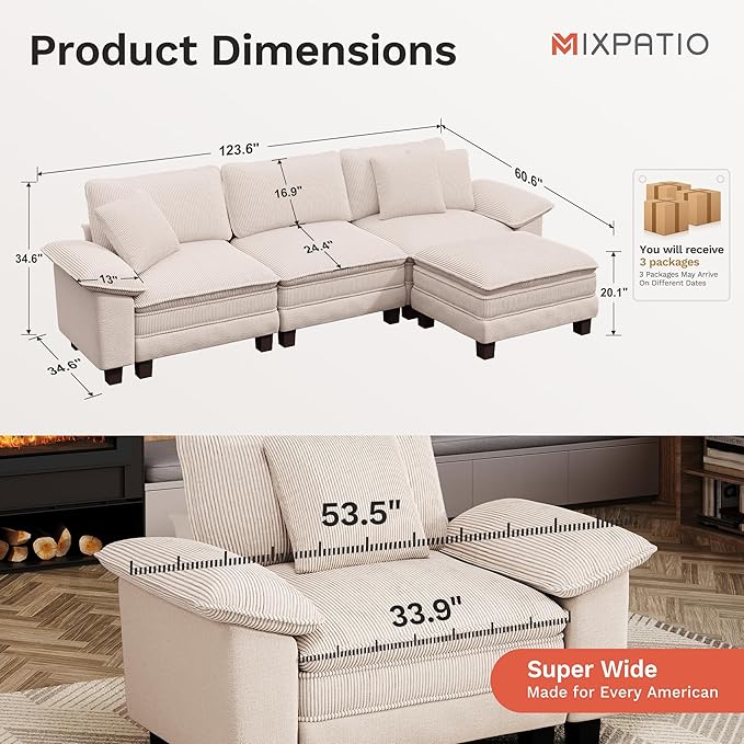 MIXPATIO 123-Inch L Shaped Sectional Sofa with Cloud Cushions, Deep Seat Modular Couch Set w/ 4 Seats & 1 Ottomans, Plush Chenille & Corduroy Upholstery for Living Room, Apartment - Beige