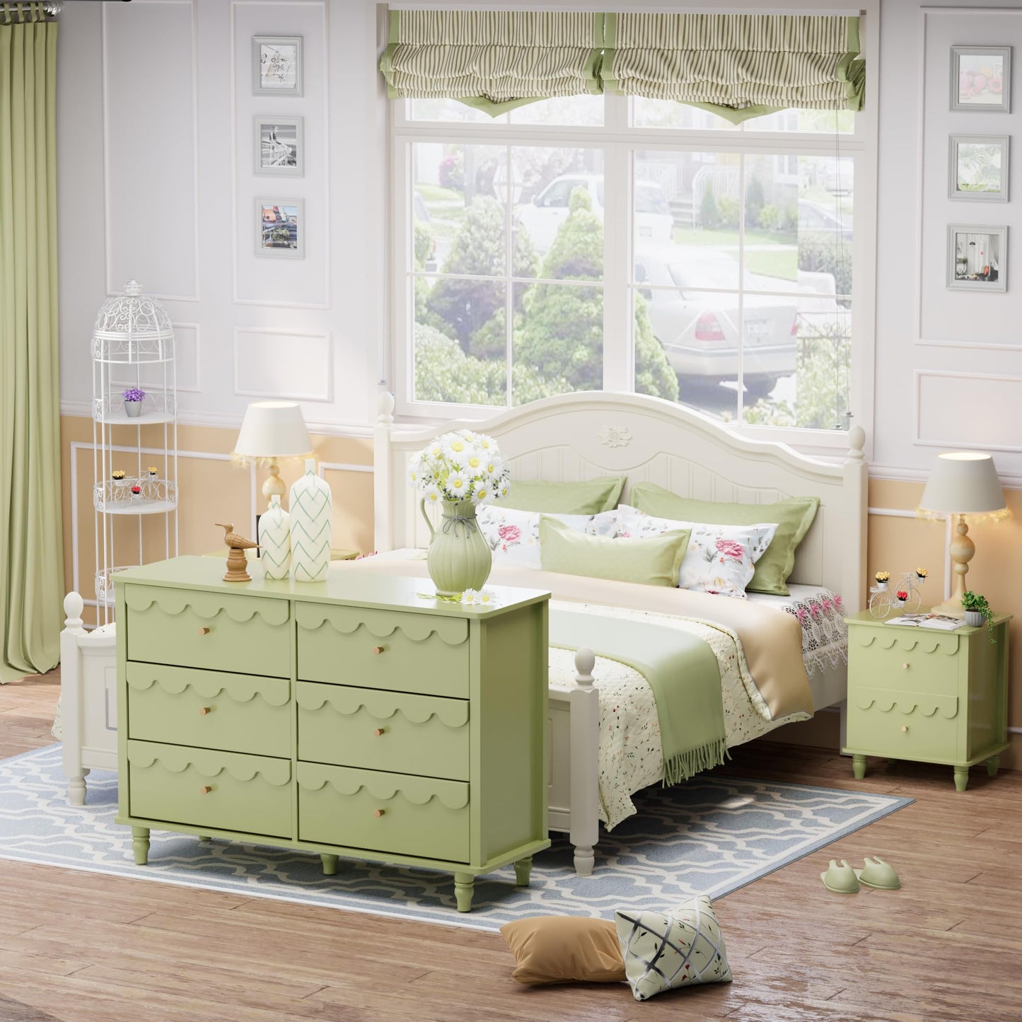 Anbuy Green 6 Drawer Dresser for Bedroom, Modern Wide Chest of Drawers, Scalloped Organizer Storage with Drawers, Fluted Petal Pattern Large Storage Cabinet for Bedroom, Living Room, Porch
