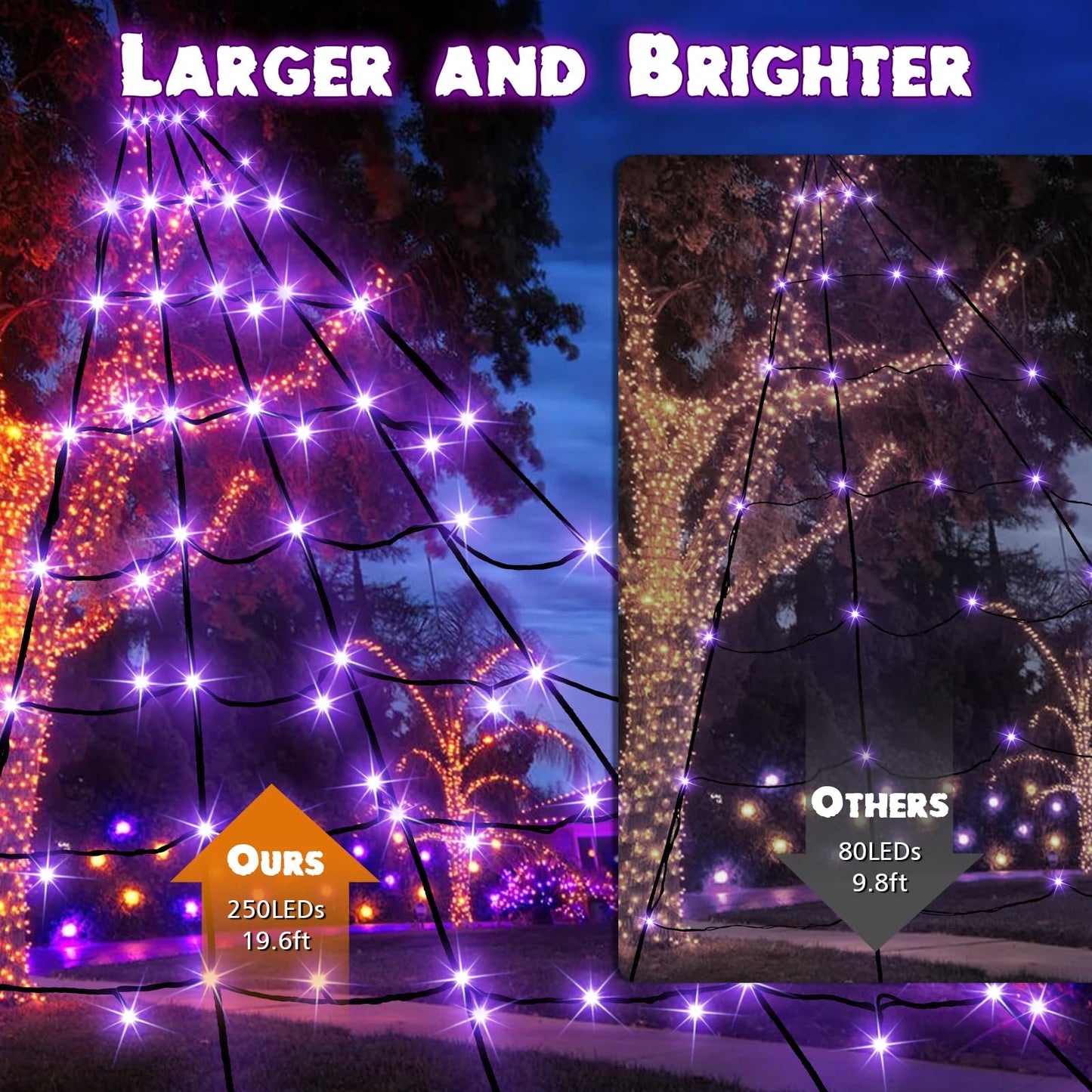 PUHONG Halloween Decorations 19.6Ft Spider Web Lights with 250 LEDs 8 Modes Waterproof Outdoor Plug-in Triangular Spider Web with Purple Lights for Yard Home Parties Haunted House Decor
