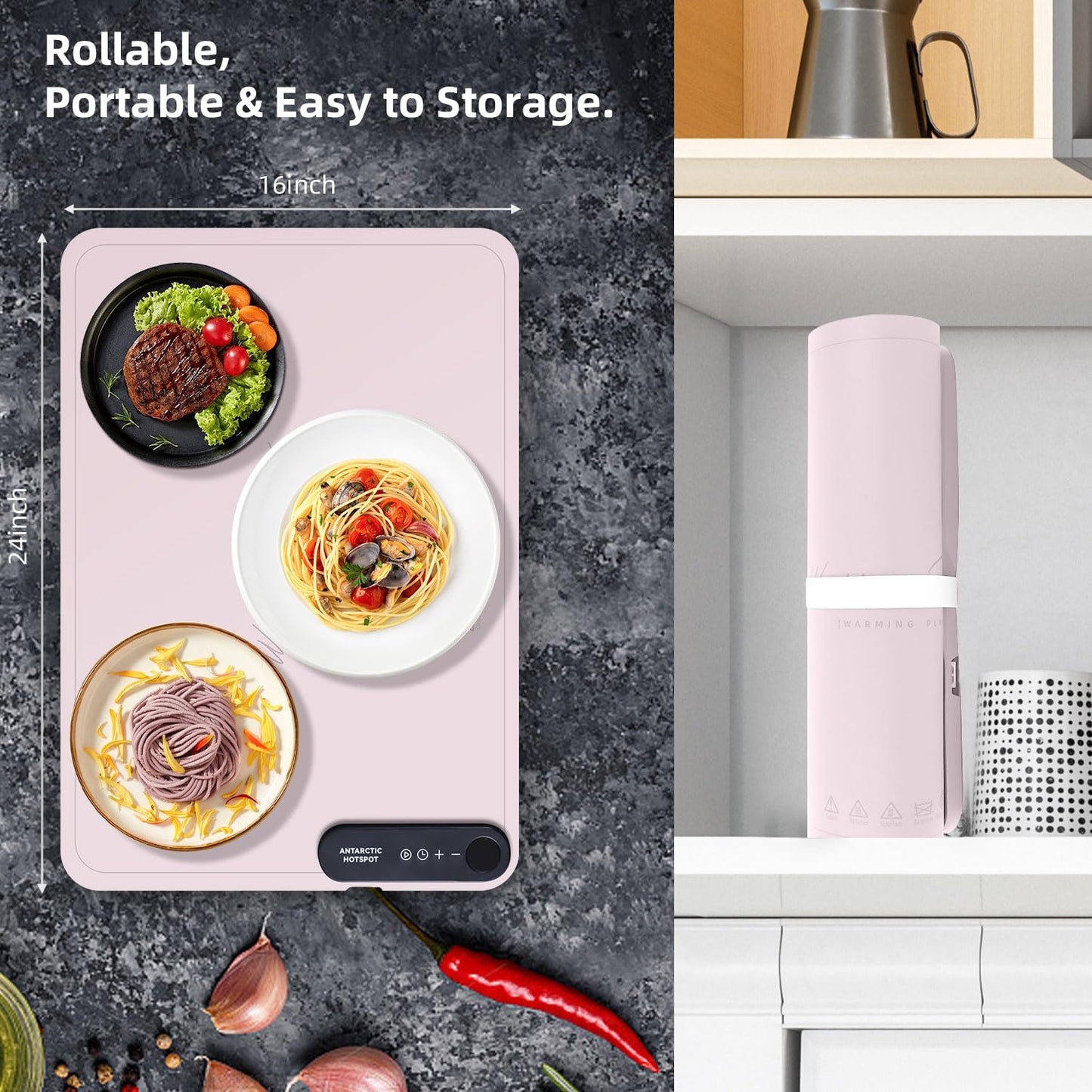 Revolutionary Rollable Full Surface Heating Warming Mat for Food Party Buffet Daily Use, Portable Electric Silicone Defrosting Tray, Hot Plate Keep Food Warm (Light Pink)
