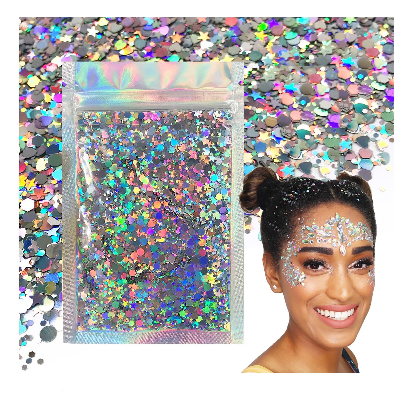Holographic Silver - Electric Bliss Beauty - Chunky Biodegradable Glitter for Festivals, Crafts, Cosmetics - Eco Friendly Body G