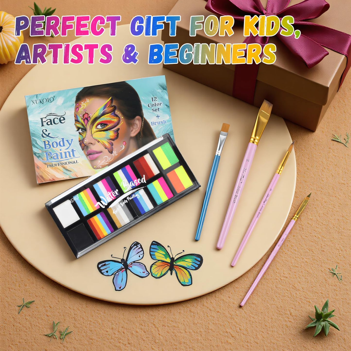 Face Paint Kit for Kids & Adults - 12 Color Rainbow Split Cake Face Painting Kit with 4 Brushes, Water Activated Face Paint Pale