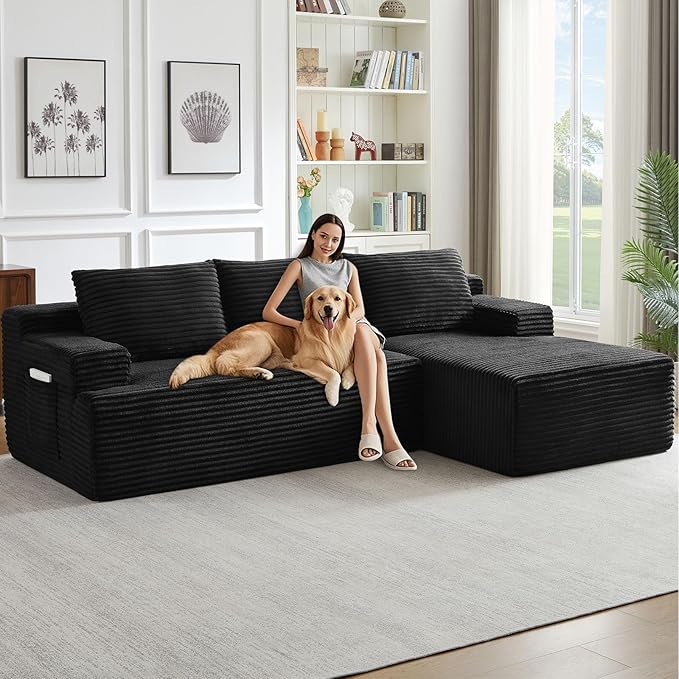 96" Cloud Sectional Couch with L-Shape Chaise, Modern Corduroy Boneless Couch for Living Room,Memory Foam Sofa with Deep Seat,No Assembly Required (Black,Right-Facing Chaise)