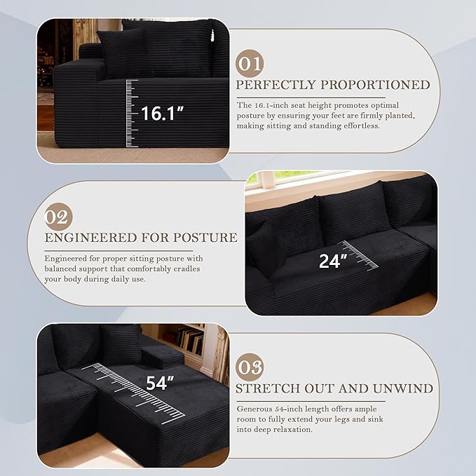 105’’ L-Shape Modular Sectional Sofa with Chaise, Convertible Cloud Couch, Corduroy Fabric & High-Density Memory Foam, No Assembly Required for Living Room (Black, Right Facing Chaise)