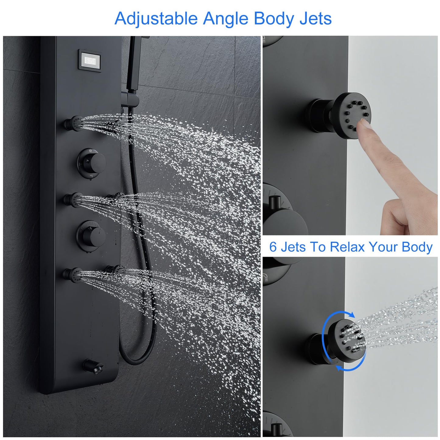 MENATT Stainless Steel Shower Panel Tower System with Height Adjustable Rainfall Shower Head, 4 in 1 Shower Panels with 6 Body Jets, Handheld Shower, Tub Spout, Brushed