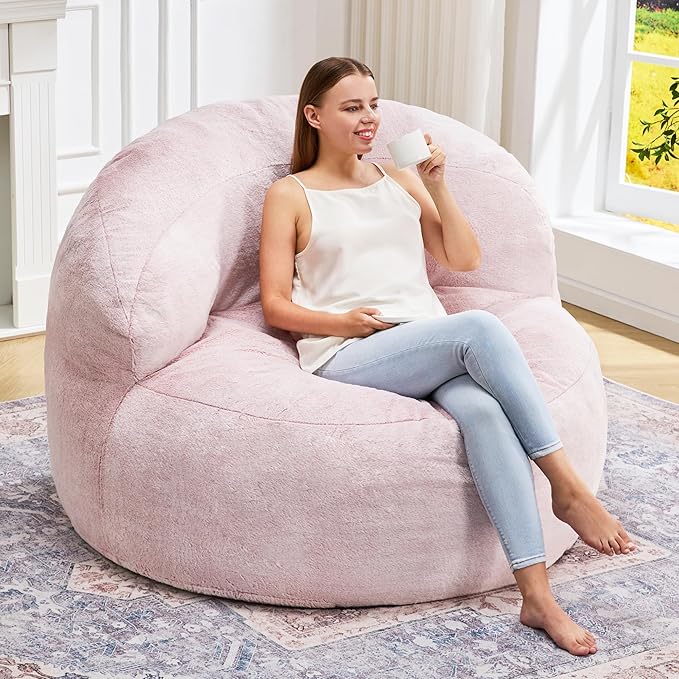 Hobestluk Bean Bag Chair Giant Bean Bag Chairs for Adults Big Bean Bag Chair with Memory Foam Filler Adults Large Beanbag with Faux Fur Cover for Bedroom (Plush Pink,Oversize)