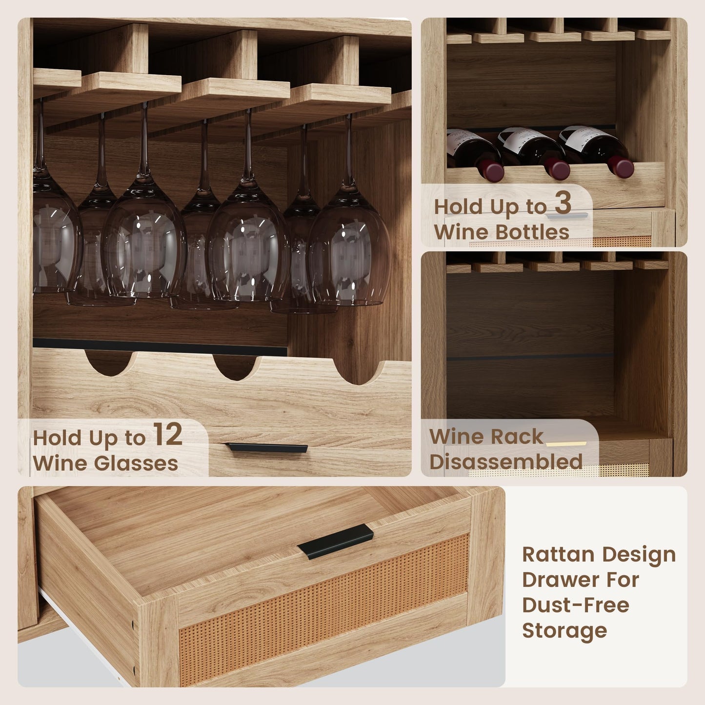 EROMMY Buffet Cabinets with Storage, 51" Rattan Sideboard with Removable Wine Rack and Glass Holders, Boho Farmhouse Wine Liquor Cabinet for Kitchen Dining Living Room Entryway (Natural)
