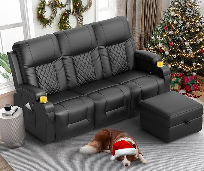 FURNIMAT Recliner Sofa with Storage Ottoman, 3 Seats Dual Reclining Sofa, PU Leather Loveseat Couch, Modern Recliner Chair for Living Room, with Cup Holder and 2 Cell Phone Holder, USB Ports