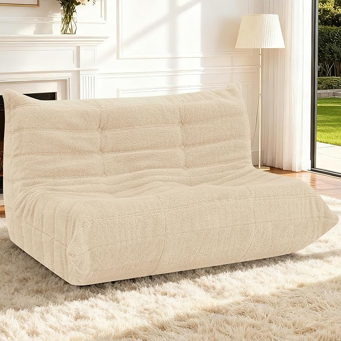 HABUTWAY Bean Bag Chairs Fireside Lazy Floor Sofa, Soft Teddy Fleece 2 Seater Sofa with High-Resilience Foam Filling，Beanbag for Living Room, Bedroom, Office (Khaki Teddy)