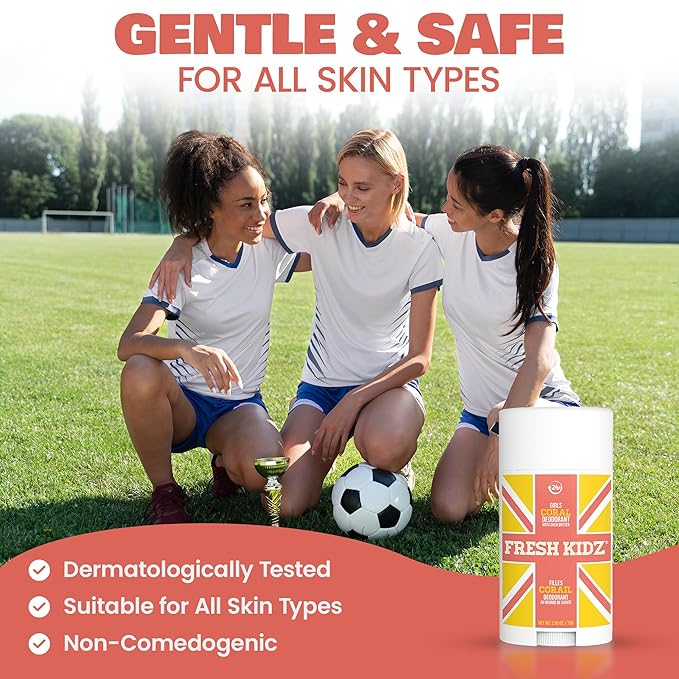 Fresh Kidz Deodorant Stick for Kids and Teens - Baking Soda and Aluminum-free 24 Hour Protection for Sensitive Skin - Girls "Coral", 2.65 oz / 75 g (2 Pack)