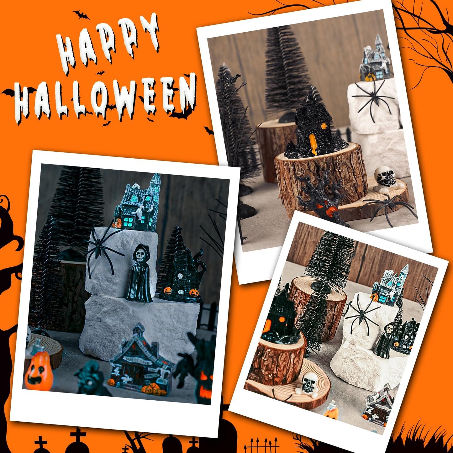 YLOLUL 30 Pcs Halloween Village Ornaments Accessories Figurines Town Miniatures Include Trees Pumpkins Black Dog Crows Skeletons Houses Wizard Bat for Halloween Village & Party Table Decorations