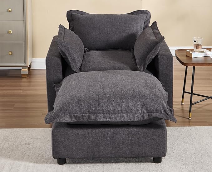 chairus 39.5" Chaise Lounge Chair Indoor with Ottoman, Upholstered Single Sofa Couch Chair Oversized Linen Fabric Reading Armchair for Living Room, Bedroom, Reception Room, Apartment, Black