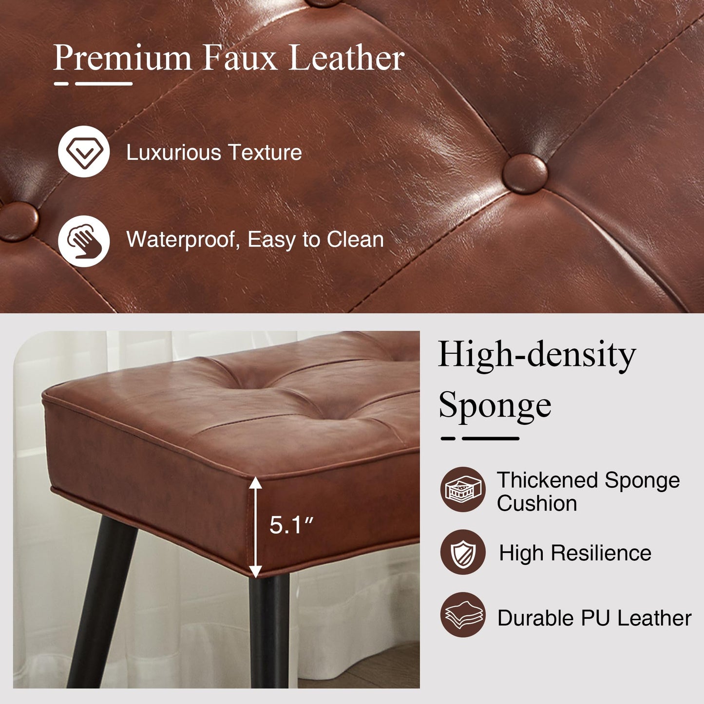 LOULENS 40'' PU Leather Tufted Ottoman Bench, Modern Upholstered End of Bed Bench, Waterproof Leather Entryway Bench with Wood Legs, Accent Footrest for Living Room, Brown
