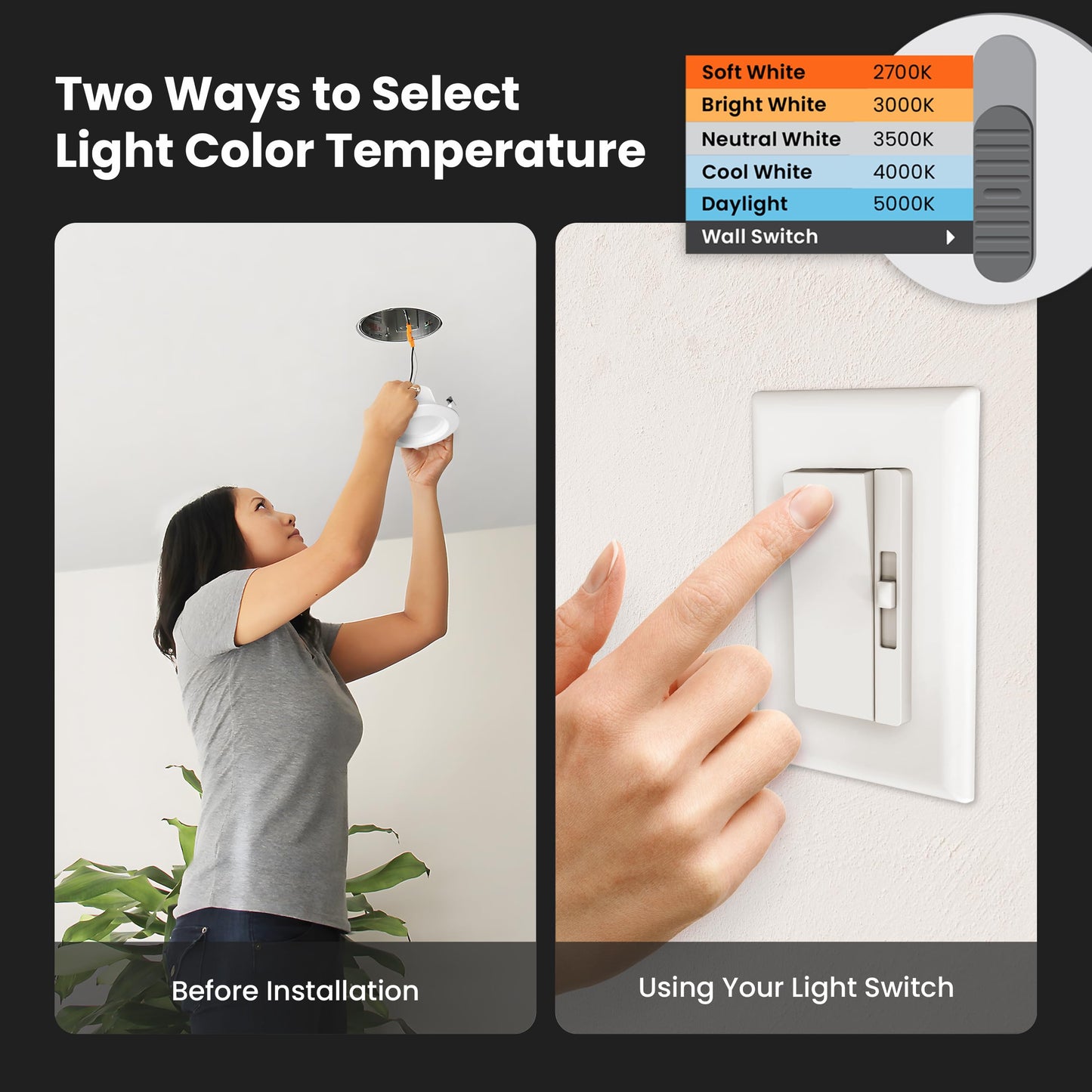 Feit Electric LED Downlight Retrofit Kit with Baffle Trim, 75W Equivalent, 5/6-Inch Dimmable Recessed Can Light, Adjustable White 2700K-5000K, 90+ CRI, 50,000-Hour Lifetime, LEDR56B/6WYCA/MP/6