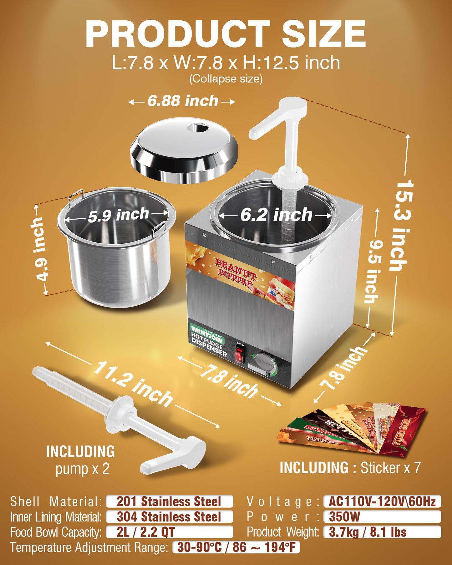 WantJoin Nacho Cheese Dispenser with Pump - 2.2Qt Nacho Cheese Warmer,Stainless Steel Hot Fudge Warmer W/5-Level Temperature Adjustment,Commercial Hot Fudge Dispenser for Hot Fudge Cheese Caramel