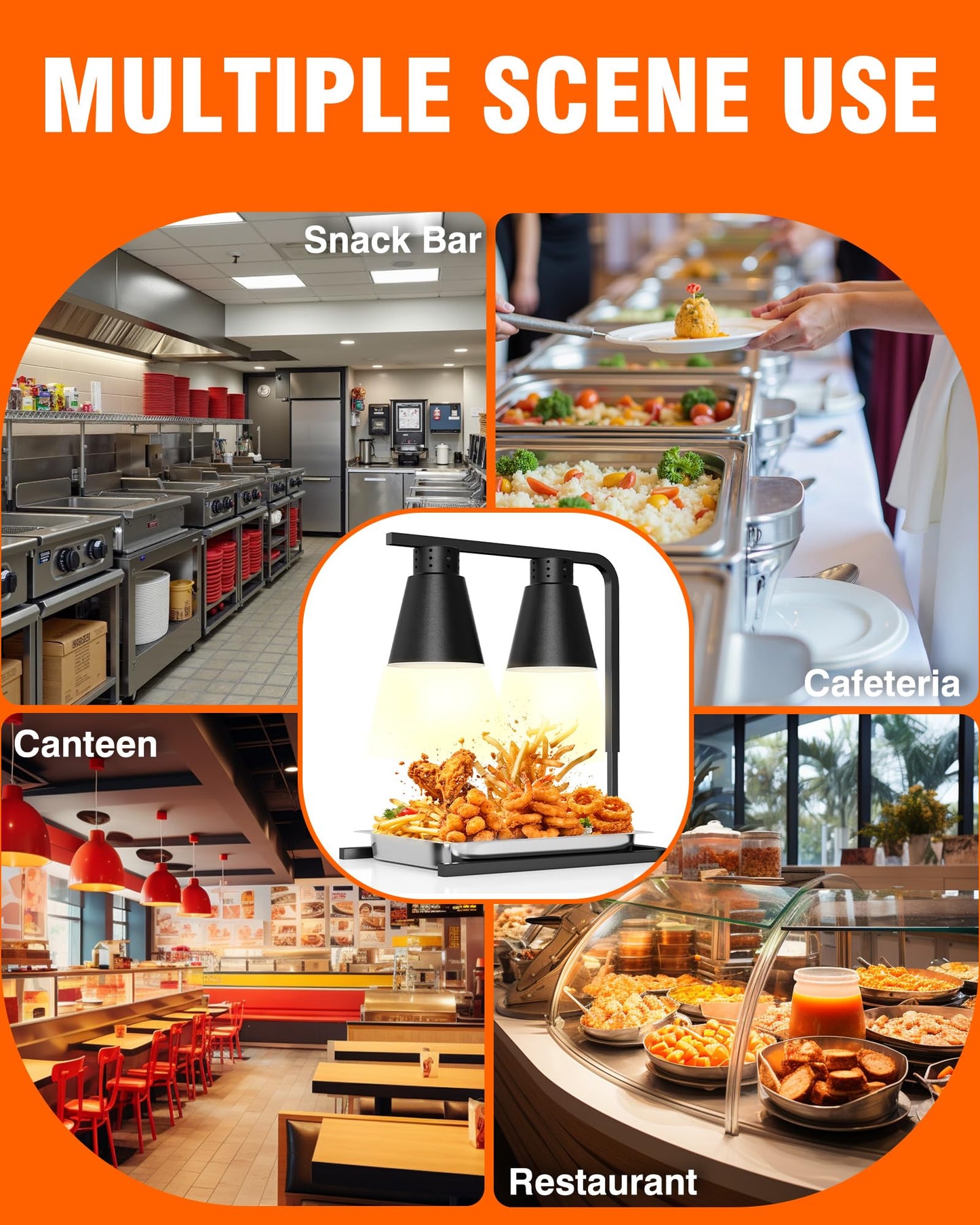 PYY Food Heat Lamp - with Pan and 2-Bulb for Fast and Steady Heaing, 500W Commercial Food Warmer Light, Stainless Steel Warming Lamp with Adjustable Stand, for Restaurant, Catering and Buffet