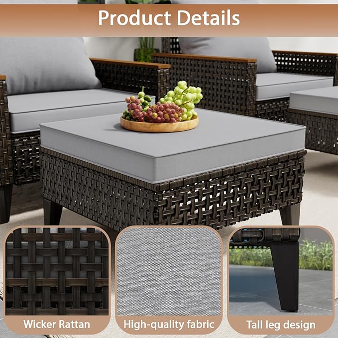 Xmkmvk 14 Piece Patio Sectional Sofa Furniture Set, All-Weather Wicker Rattan Outdoor Conversation Set with High Back and Thick Cushions, for Garden, Porch, Poolside, Gray