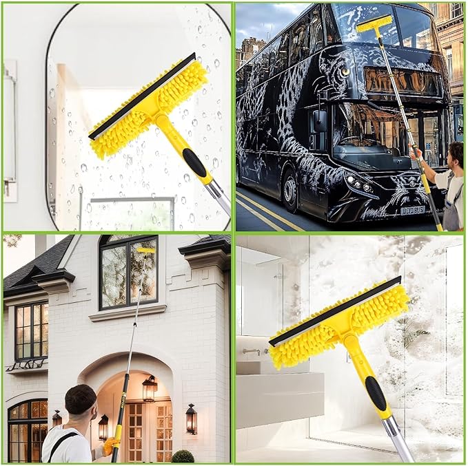 150'' Long Reach Window Squeegee with Telescoping Extension Pole, 2-in-1 Indoor/Outdoor Cleaning Tool with 270° Rotatable Head, Lightweight Alloy Aluminum Pole for Shower Door, Mirror, Car Windshield