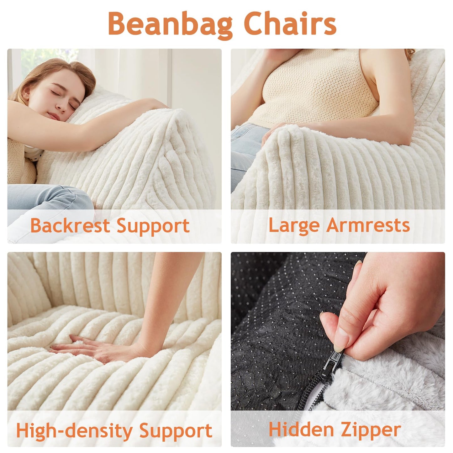 Giant Bean Bag Chairs for Adults with Filling Plush Fluffy Bean Bag Chairs for Teens with Armrests Comfy BeanBag Lazy Couch Sofa Chair for Bedroom Living Room Reading