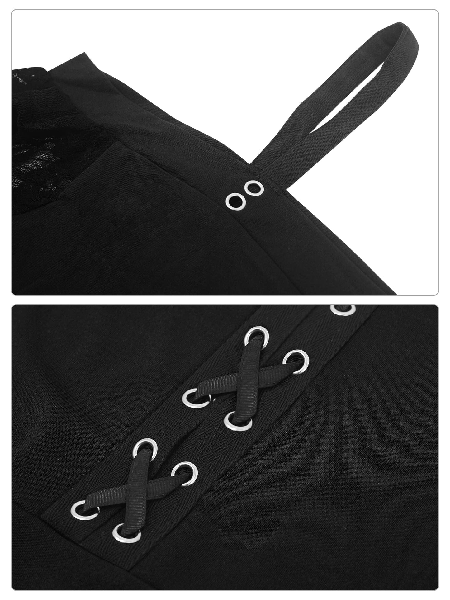 Black Gothic Punk Cosplay Dress Women for High-Low Pleated Strap Skirts Halloween Lace Vintage Dresses Black, Large