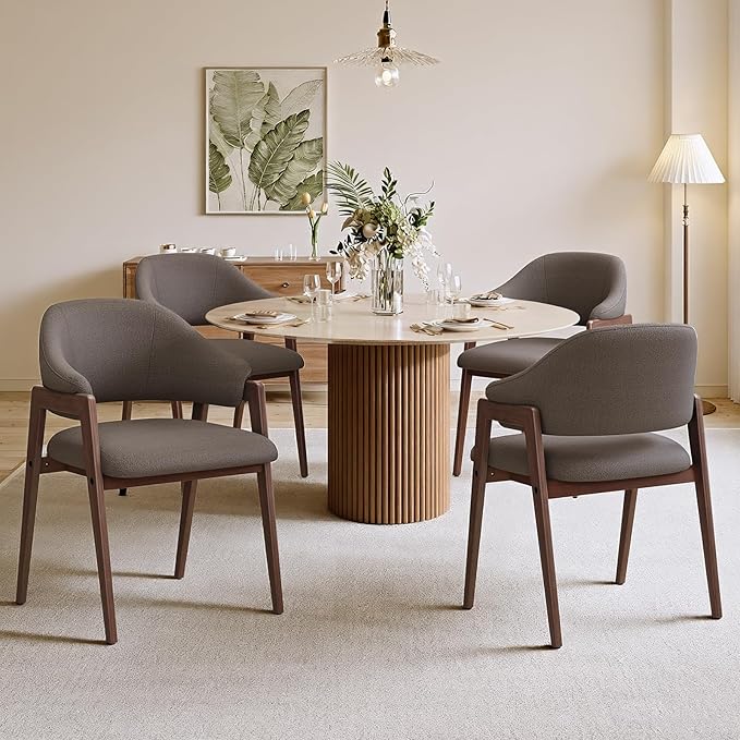 MALOL Wooden Dining Chairs Set of 4, Modern Fabric Upholstered Dining Room Chair, Kitchen Side Chairs, Farmhouse Dinner Chair with Curved Open Back for Kitchen, Camel
