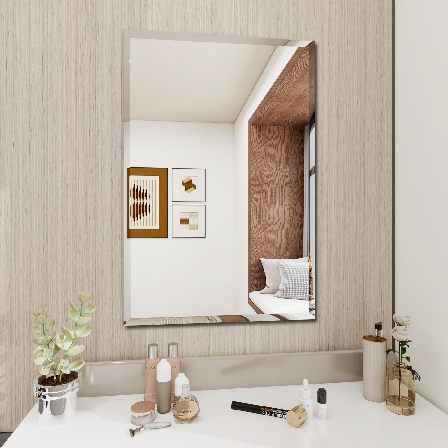 Rectangular Beveled Bathroom Mirrors, 36X48 inch Square Frameless Mirror, Rectangular Frameless Bathroom Mirror，Beveled Bathroom Mirror。