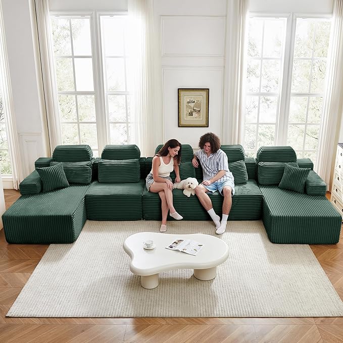 171" U-Shaped Cloud Modular Sectional Sofa with Chaise & Headrest, Boneless Deep Seat Plush Corduroy Couches for Large Living Room, No Assembly Required (Green, 171" U-shapred Chaise)