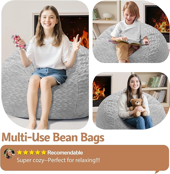 2FT Bean Bag Chair,Giant Bean Bag Chairs for Adults,Big Bean Bags with Memory Foam Filled, Large Beanbag Chairs with Chevron Plush Cover-Light Grey
