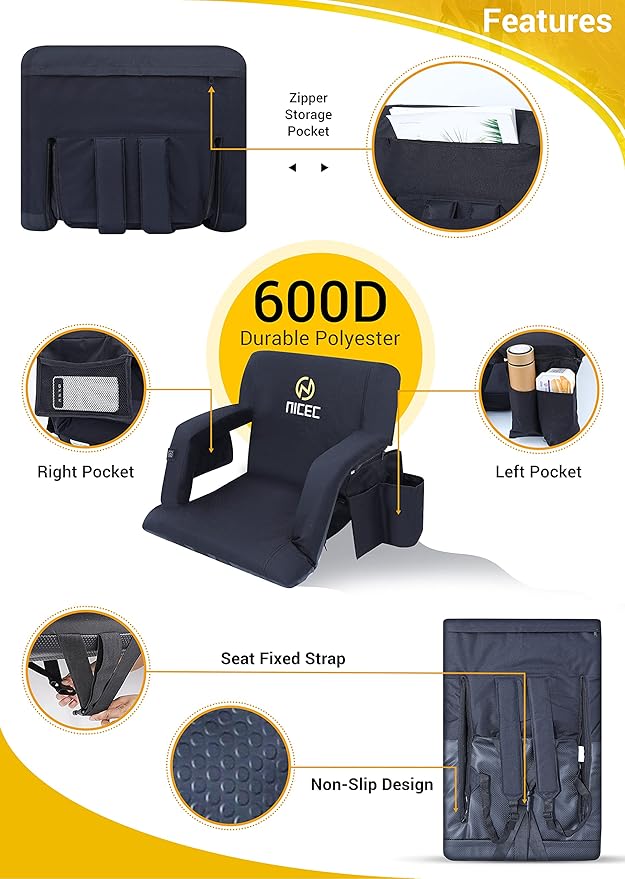 Nice C Stadium Seats, Floor Chair, Bleacher Chairs, 5 Reclining Positions Waterproof Cushion, Ultralight, Foldable, Extra Thick Padding, with Shoulder Straps & Net Pockets, Power Bank Not Included