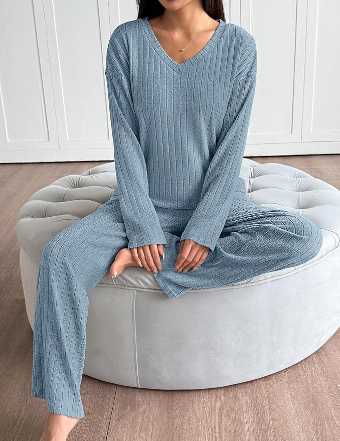 Ekouaer Lounge Sets for Women Long Sleeve Knit Ribbed Pajama Sets 2 Piece Casual Loungewear with Pockets