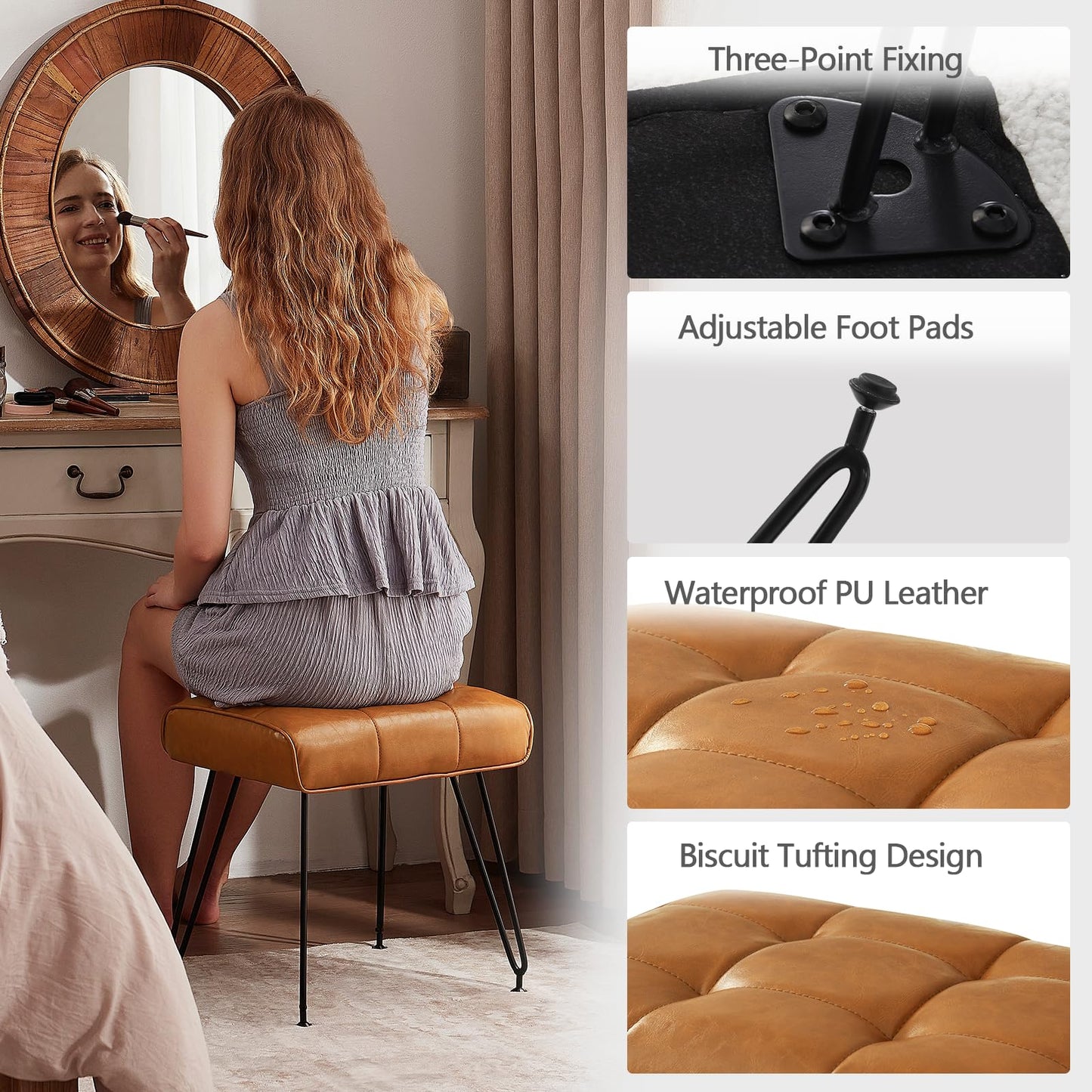 EBENCHICO PU Leather Vanity Stools, Vanity Stool Chairs for Makeup Faux Leather Foot Stools Ottoman with Metal Leg Make up Chairs for Vanity Small Bench Seat for Living Room Bedroom (Brown)