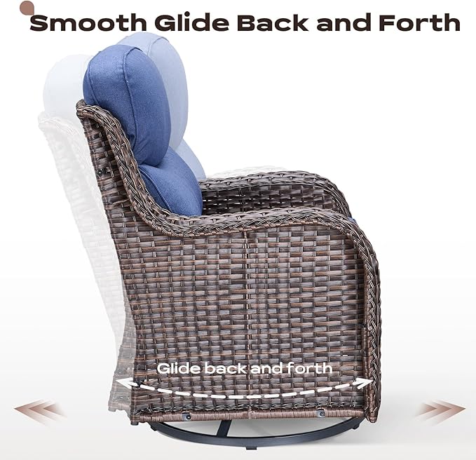 Rilyson Wicker Outdoor Patio Furniture Set - 6 Piece Patio Conversation Sets with Swivel Rocker Chairs, Ottomans, Sofa and Coffee Table, 6 inch Cushions, Deep Seating, for Porch Deck Brown/Blue