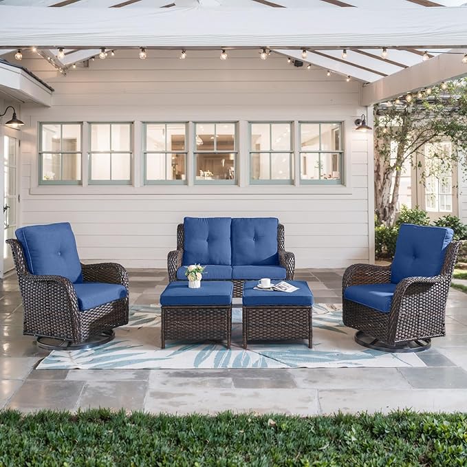 Belord 5 Piece Outdoor Patio Furniture Set - Wicker Furniture Patio Conversation Set, Outdoor Swivel Rocker Chairs with Loveseat Sofa and 2 Ottomans for Small Space, Brown Wicker Blue Cushion