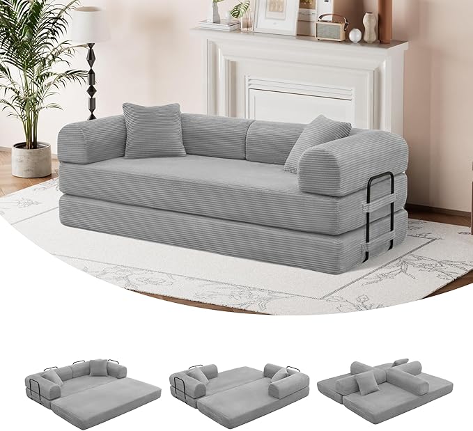 ZQRhome 79" 5-in-1 Convertible Sofa Bed, Deluxe Sleeper with Pillows & Sturdy Base, Easy Setup Corduroy Couch for Modern Living Space & Small Apartment, Light Gray