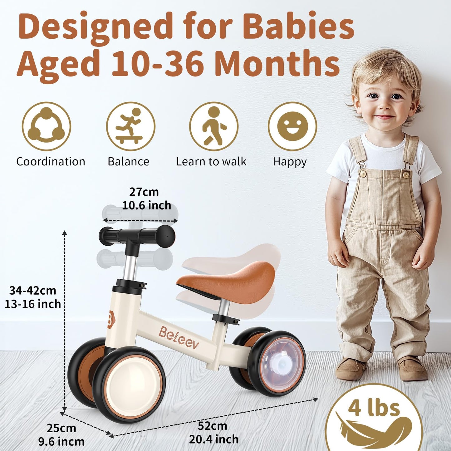BELEEV Colorful Lighting Baby Balance Bike for 1-3 Year Old Boys Girls, Toddler Bike with Light-Up Wheels, Adjustable Seat & Handlebar, 135° Safe Limited Steer, First Gift for 10-36 Month(Brown)