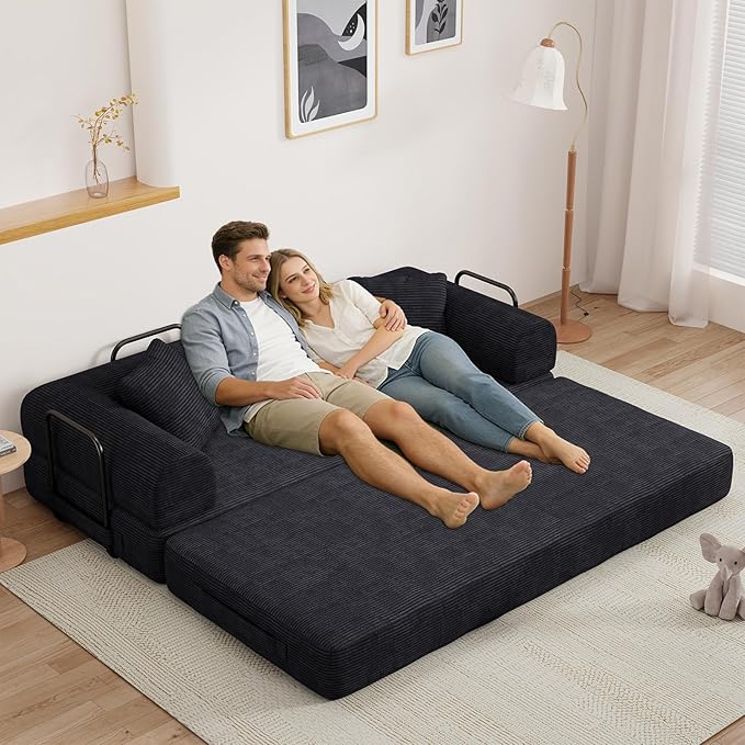 77" Convertible Sofa Bed, Modular Folding Futon Corduroy Floor Foam Compressed Loveseat Sleeper Sofa Couch, Pull Out Queen Size Couch Bed with 2 Pillows for Living Room Guest Room Studio, Black