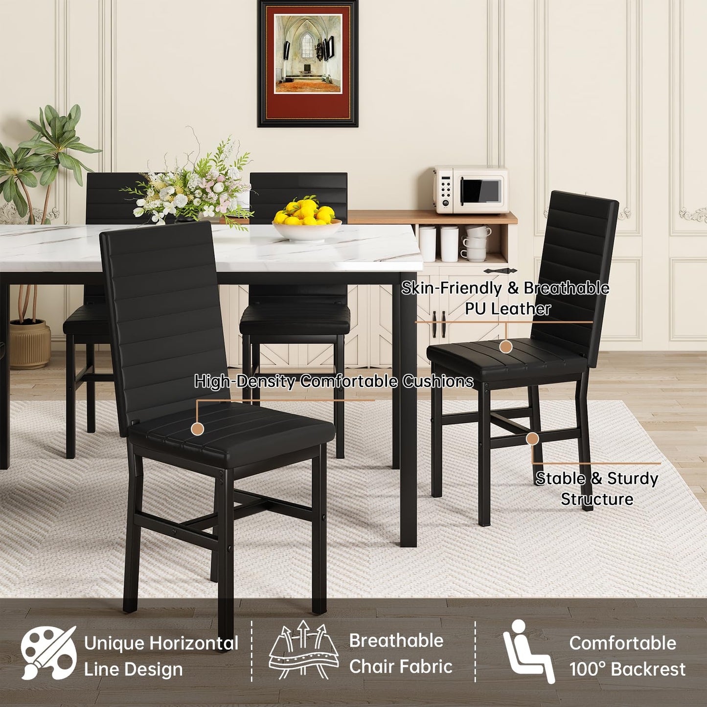 Recaceik Dinner Table Set for 6,Faux Marble Dining Room Table Set,7 Piece Dining Table Set for 6 with PU Leather for Kitchen and Dining (White & Black)