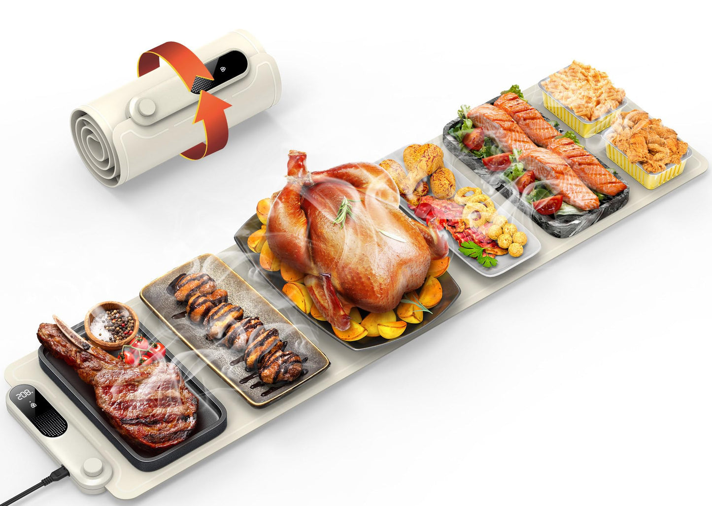 FEPPO Warming Mat for Food, Extra-Long Size 42"x12", Fast Full-Surface Heating Food Warming Mat with 6-Hour Timer & 19-Level Temperature Control, Roll Up Food Warmers for Parties Buffet