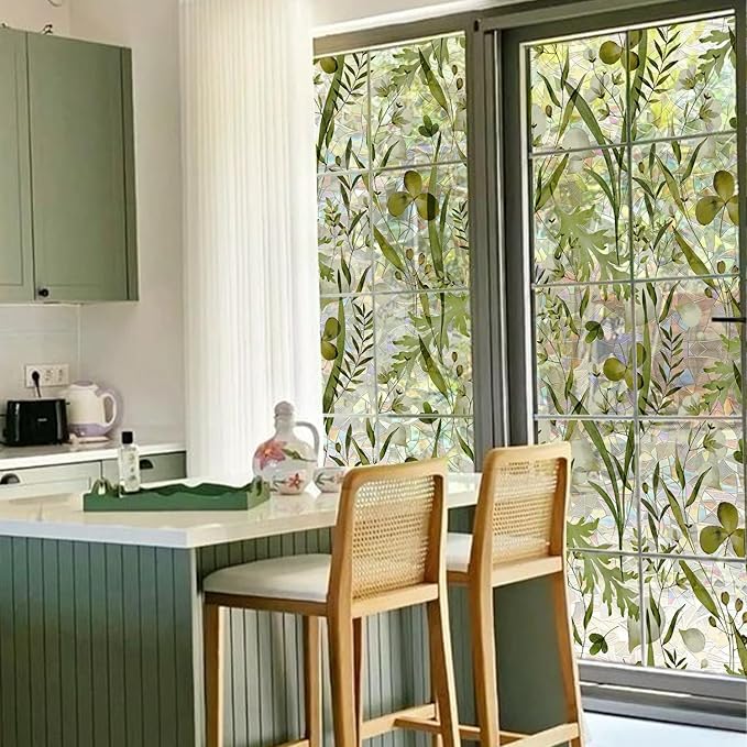 Rainbow Watercolor Green Leaves Window Film, Privacy Iridescent Static Cling Double-Sided Decals for Window Door Glass Decor, Herbs, 118.11" x 20.87"
