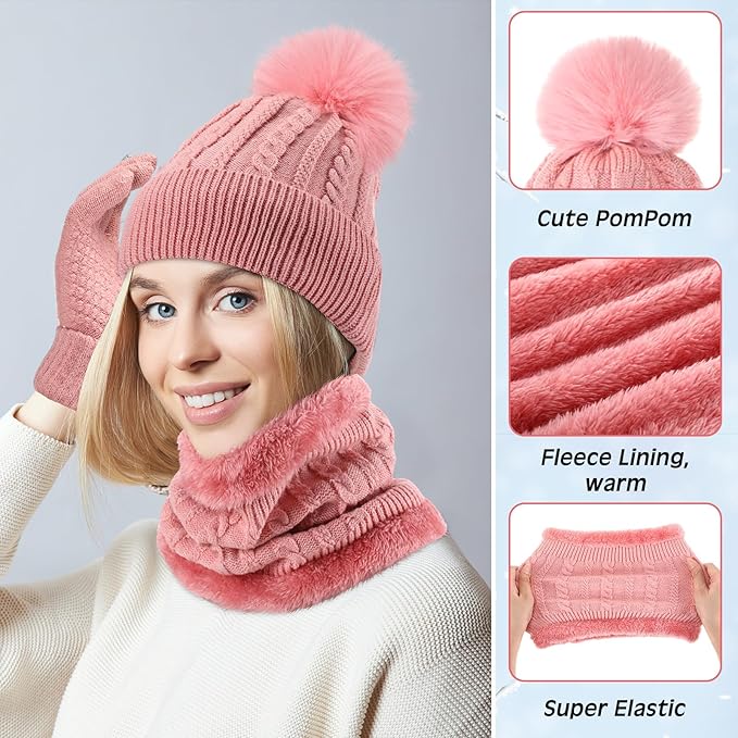SATINIOR 5 Pcs Winter Hat Scarf Gloves Set Fleece Lined Knit Beanie Hat Warm Touch Screen Gloves Earmuff Warmer for Women(Pink,Beauty Style)