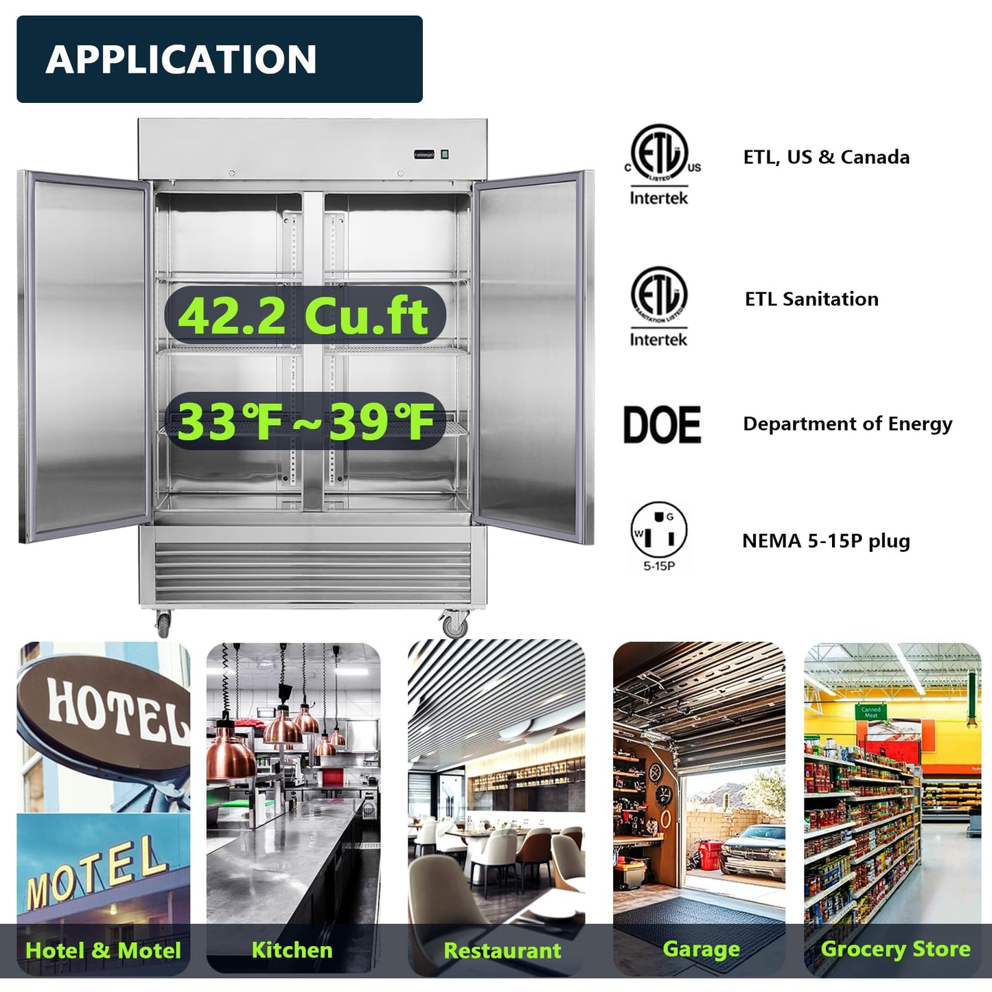 Commercial Refrigerator 54"W 2 Section 2 Solid Door Stainless Steel Interior and Exterior Construction Upright Fan Cooling