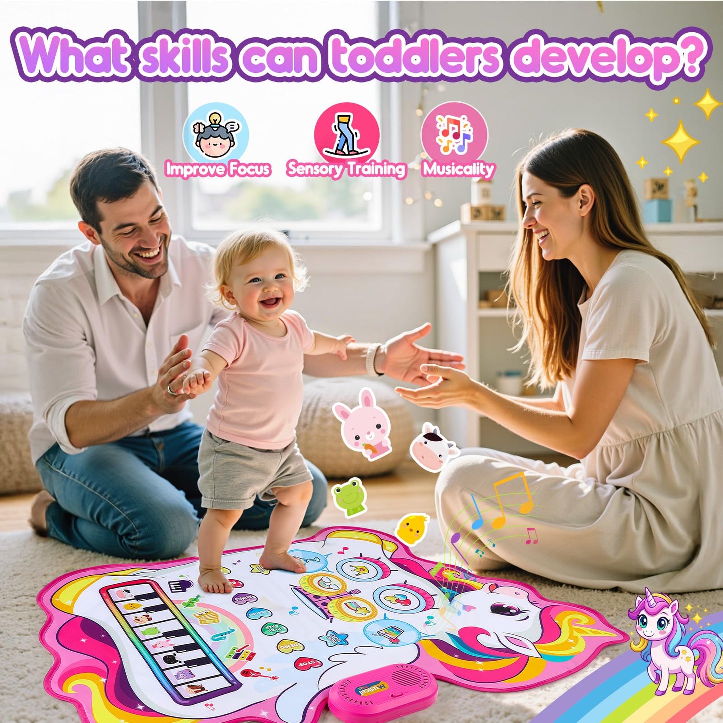 Unicorn Musical Mat for 1 2 3 Year Old Girls, 3 in 1 Piano Drum Mat Unicorn Gifts for 1-3 Year Old Girls, Toddler Toys 1st Birthday Presents for Kids Early Educational Music Toys