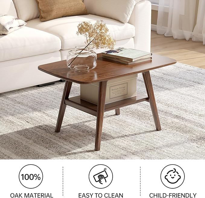Wayshome 100% Solid Oak Wood Coffee Table for Living Room, 2-Tier Small Table with Storage Shelf, Mid Century Modern Coffee Tables (Walnut, 31.49" x 19.68" x 17.32")