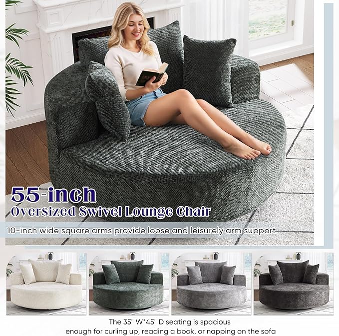 Oversized Round Swivel Chaise Longue Chair Indoor, Modern 55-inch 360 Degree Swivel Upholstered Waffle Chenille Deep Seat Circle Single Cloud Sofa Chair for Living Room Bedroom Apartment Office, Green