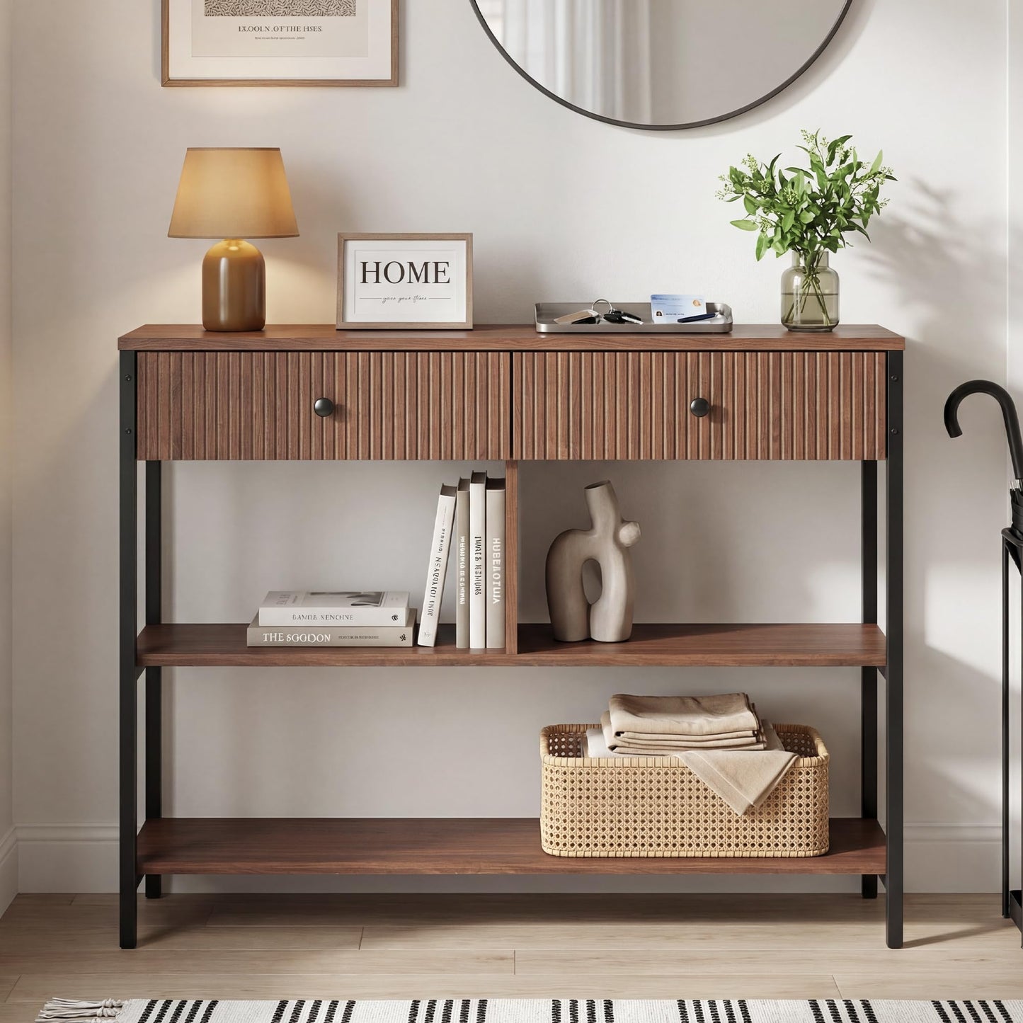 Manora Fluted Console Table with Wooden Drawers, Slim Entryway Table with Open Shelf, Tall Thin Side Table for Couch, Small Sofa Side Table for Hall, Hallway, Bedroom, Living Room, Foyer, Walnut