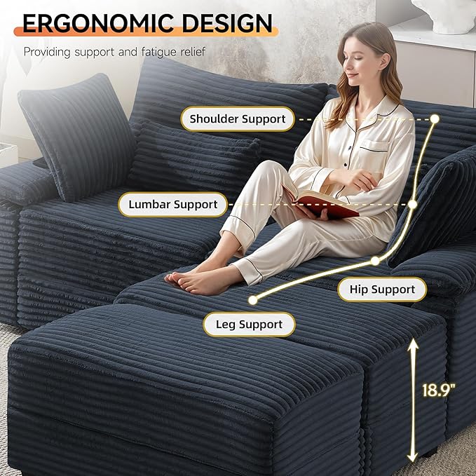 75" Corduroy Loveseat with Storage Ottoman, Cloud Deep Seat Couch with Convertible Ottoman Coffee Table & USB, Double Chaise Lounge for Living Room, Blue