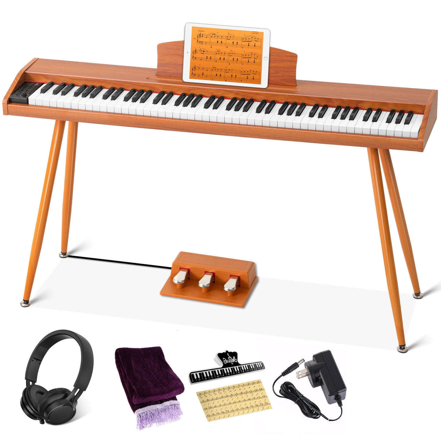 UISCOM Digital Piano Keyboard 88 Key Semi-Weighted for Beginners,Full Size Electric Piano with Stand,Triple Pedal,Adapter,Sheet Music Stand,Headphone,USB-MIDI Compatible,Wood Brown