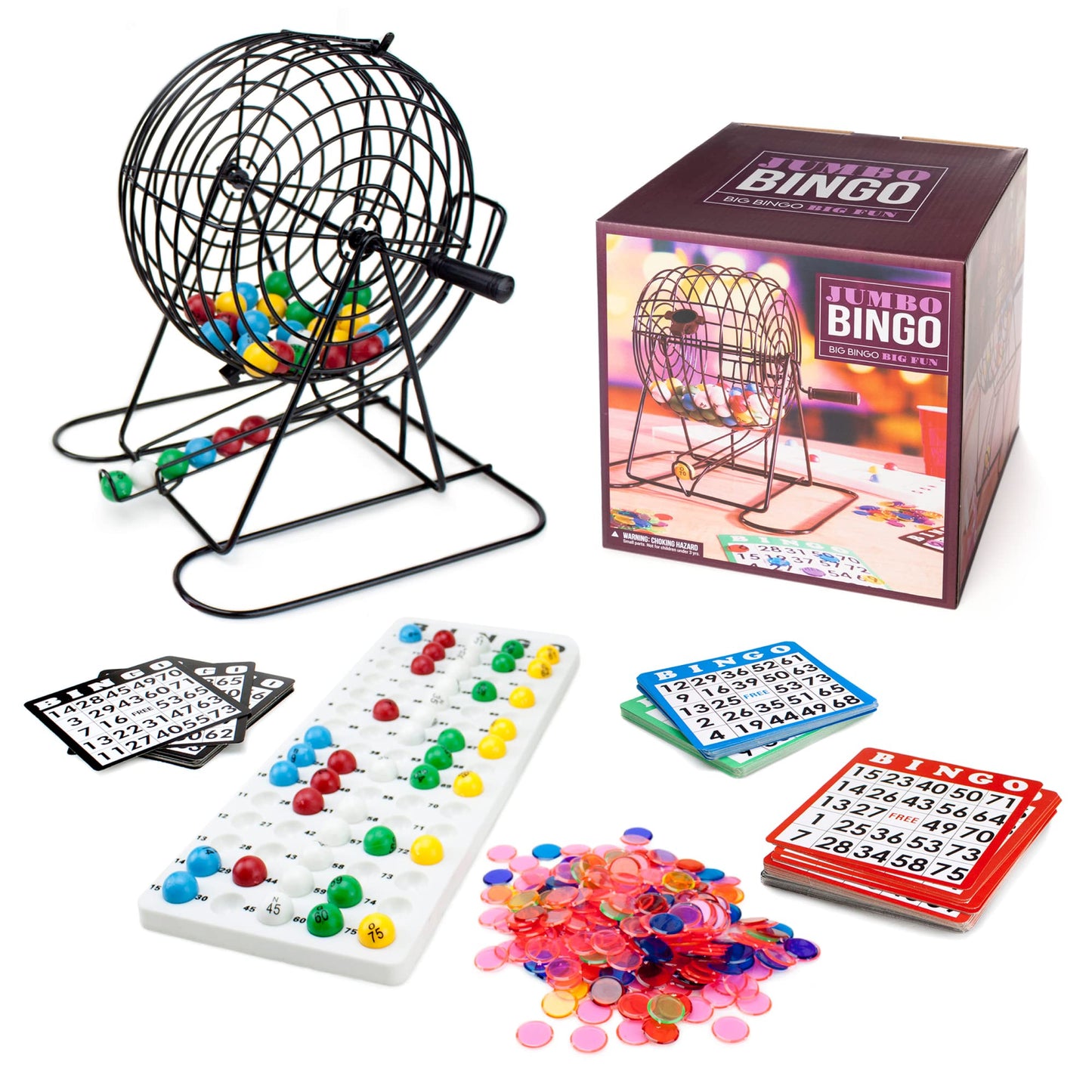 Royal Bingo Supplies Jumbo Bingo Game Set for Adults, Seniors, Family & Kids - 100 Cards 500 Chips 75 Balls, XL Roller Cage & Board