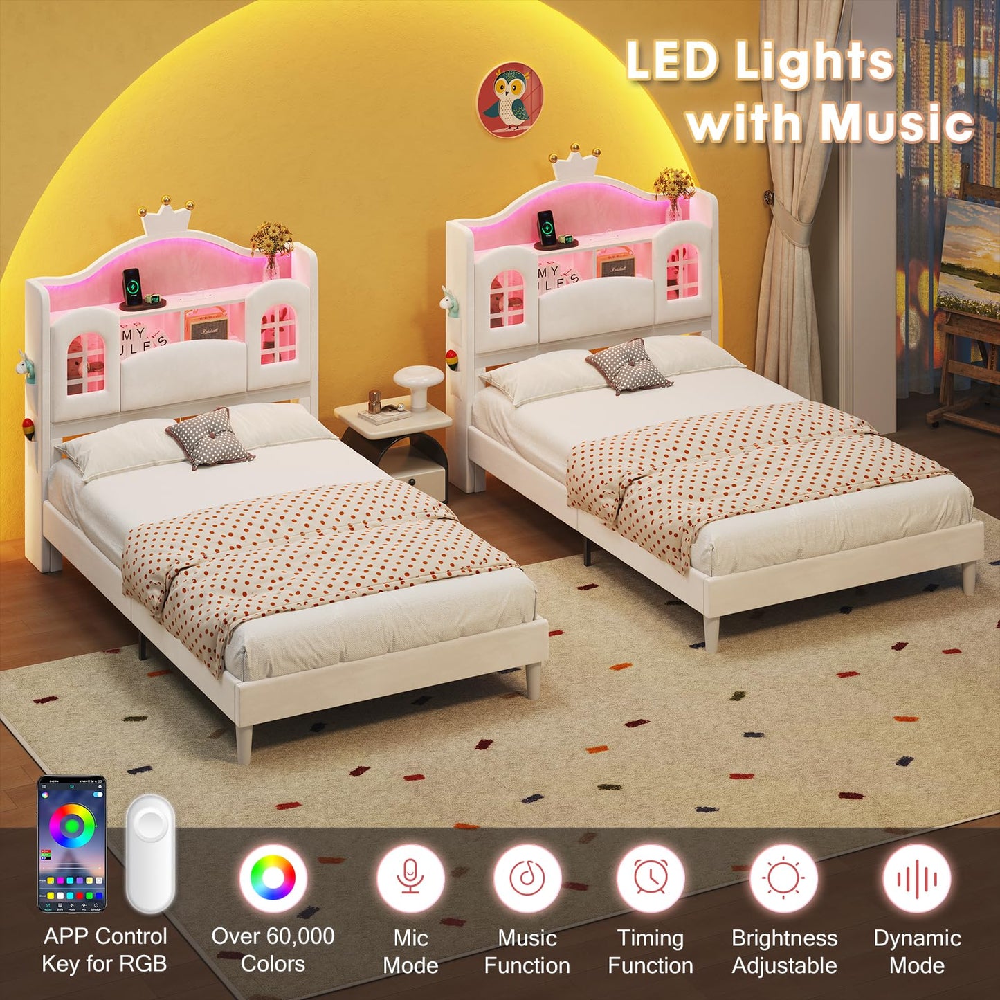 Dnxao Twin Bed Frames with Storage Headboard,4 Pockets, Princess Bed with LED Lights,Charging Station,Girl Bed with Solid Wood Slats Support,Easy Assembly,Creamy White